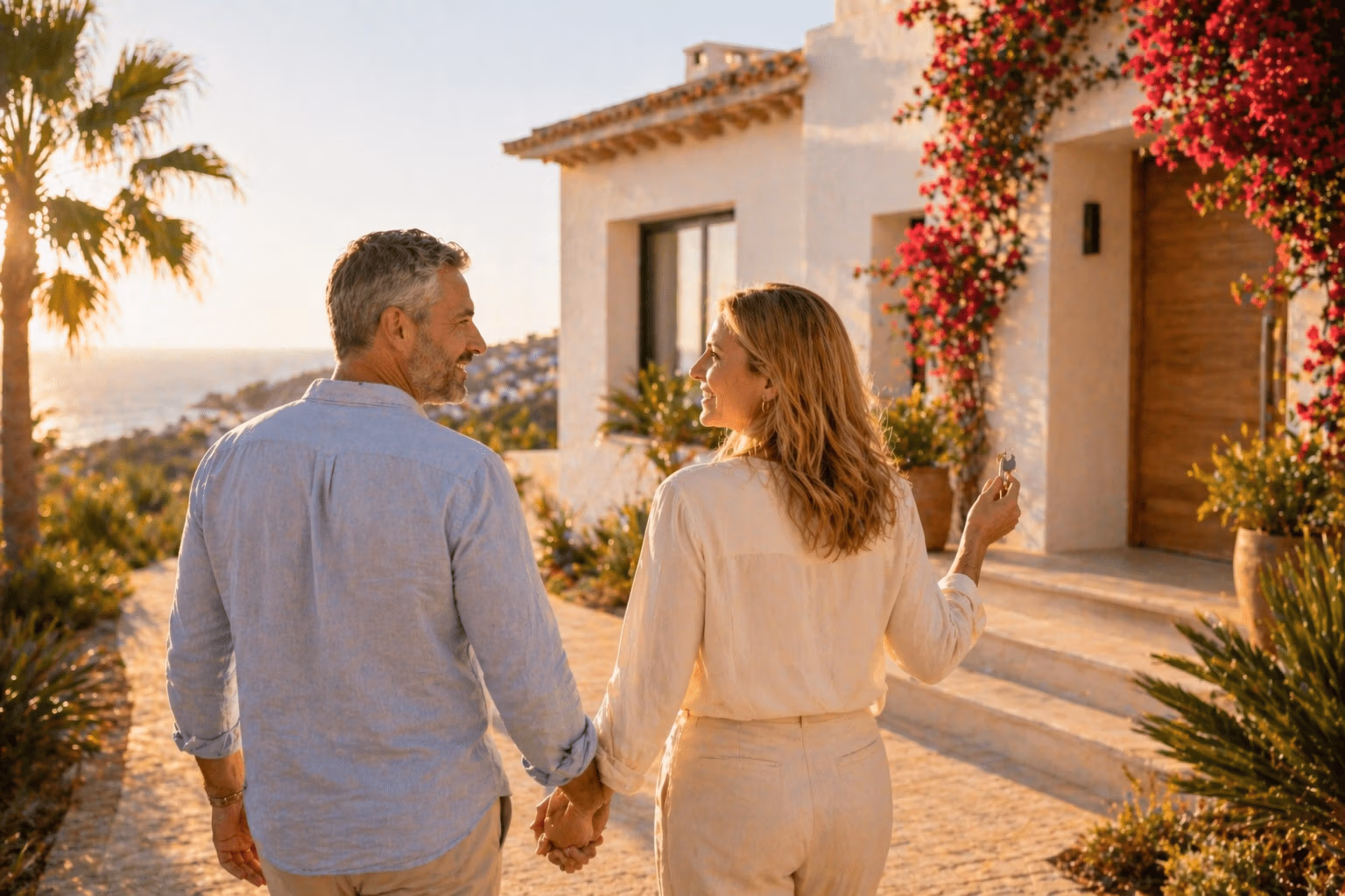 Smiling local handing over villa keys to a content homeowner couple at golden hour
