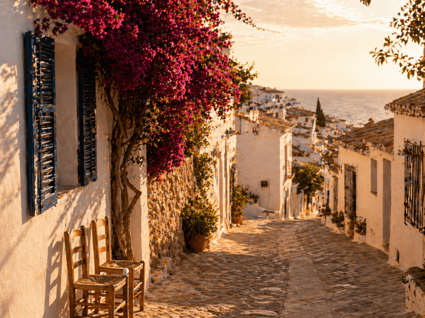 Clients touring a hillside Mediterranean villa with a Pura Vida agent on the Costa Blanca