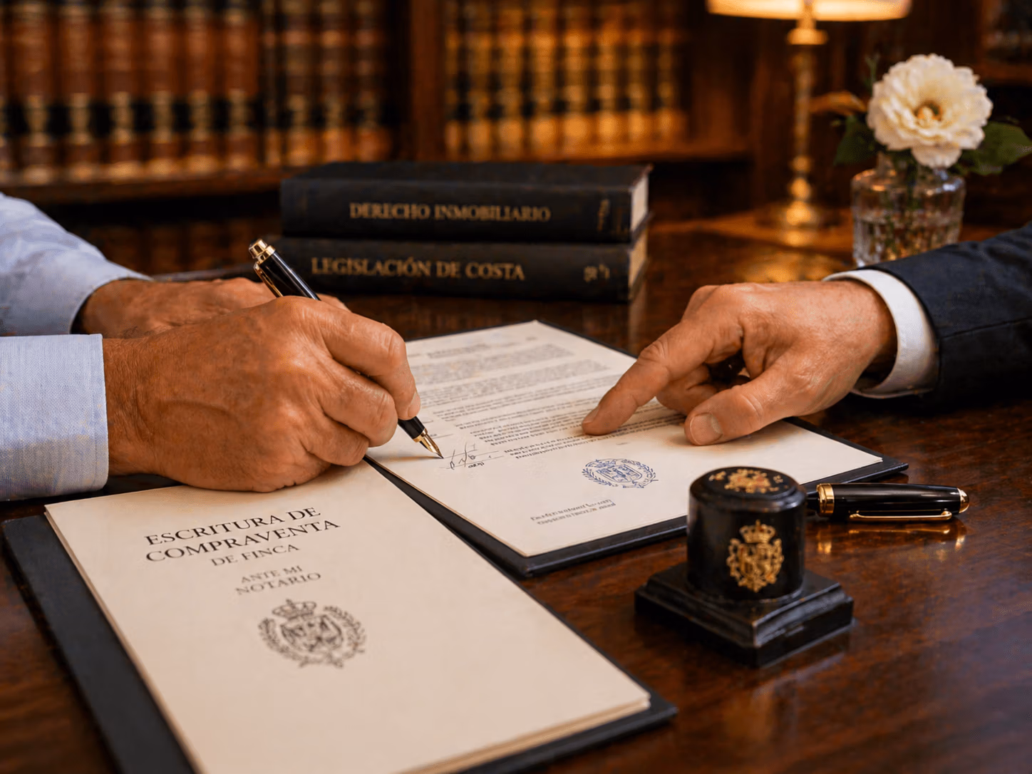 Clients signing a Spanish property deed with their lawyer at a notary's office