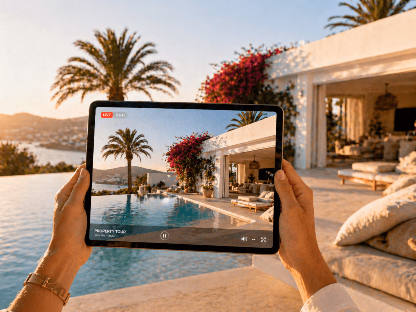 Hands holding a tablet showing a live video tour of a Mediterranean villa pool area